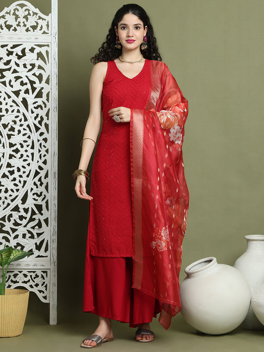 Embroidered Rayon Kurta Palazzos With dupatta ( JOKPL 2137M D66M 1579 Maroon )