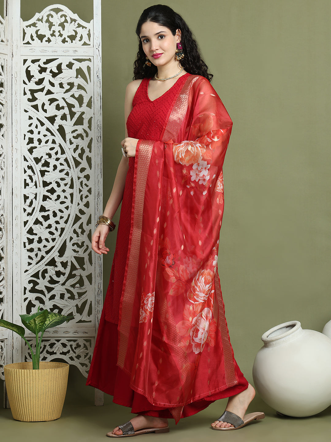 Embroidered Rayon Kurta Palazzos With dupatta ( JOKPL 2137M D66M 1579 Maroon )