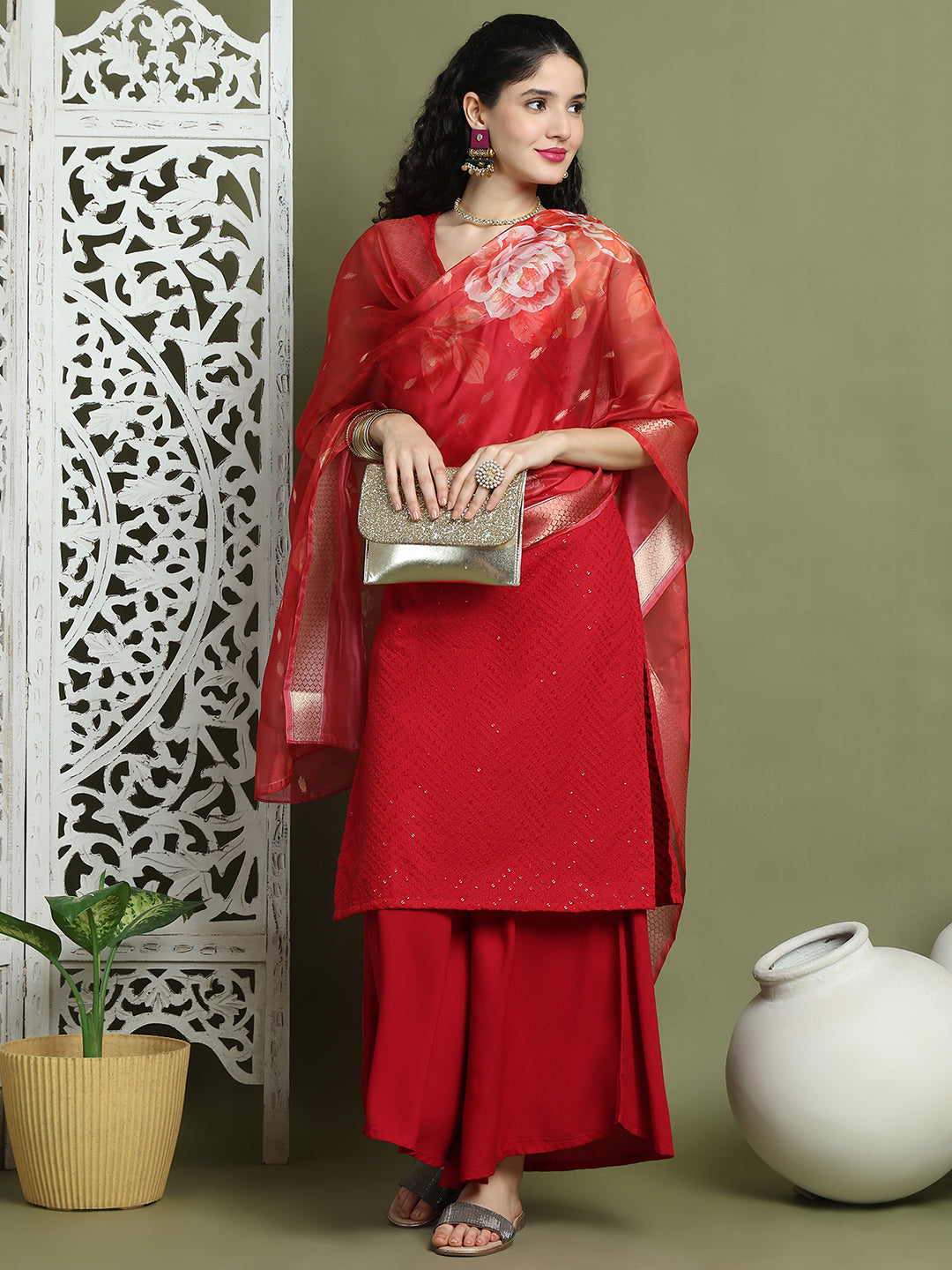 Embroidered Rayon Kurta Palazzos With dupatta ( JOKPL 2137M D66M 1579 Maroon )
