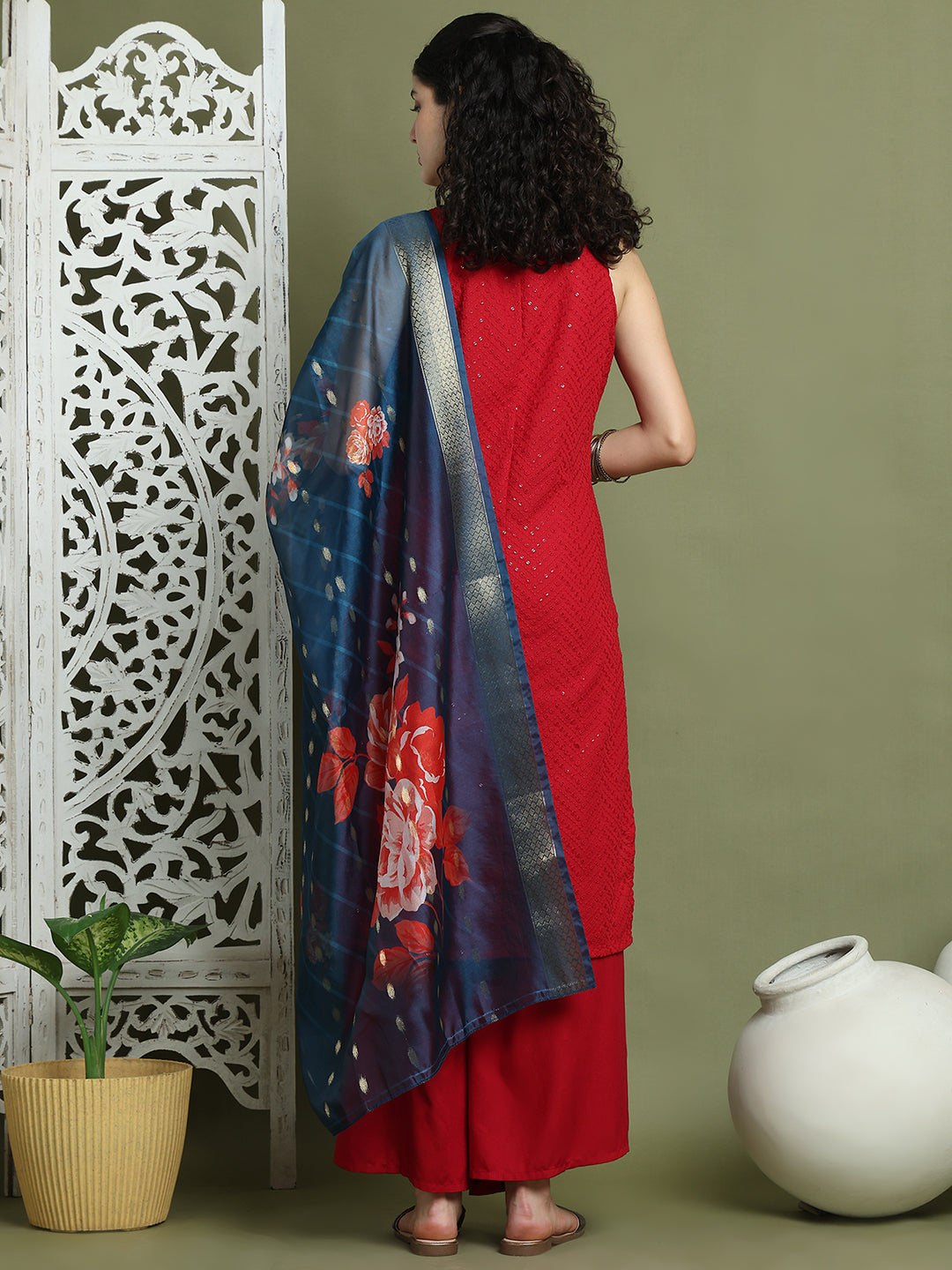 Embroidered Rayon Kurta Palazzos With dupatta ( JOKPL 2137M D66Pe 1579 Maroon )