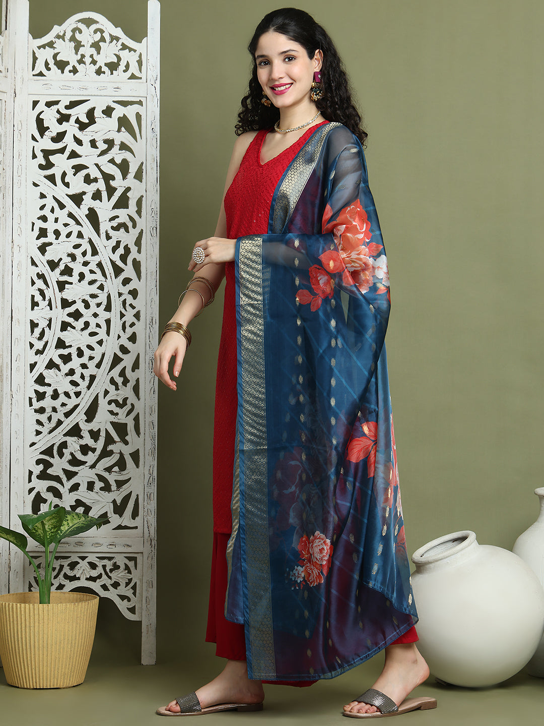 Embroidered Rayon Kurta Palazzos With dupatta ( JOKPL 2137M D66Pe 1579 Maroon )