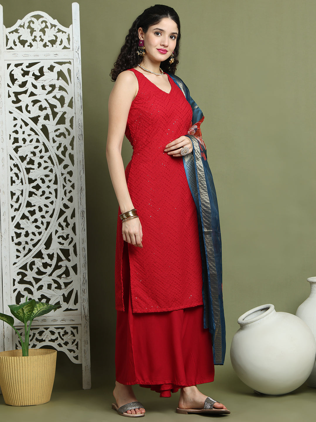 Embroidered Rayon Kurta Palazzos With dupatta ( JOKPL 2137M D66Pe 1579 Maroon )