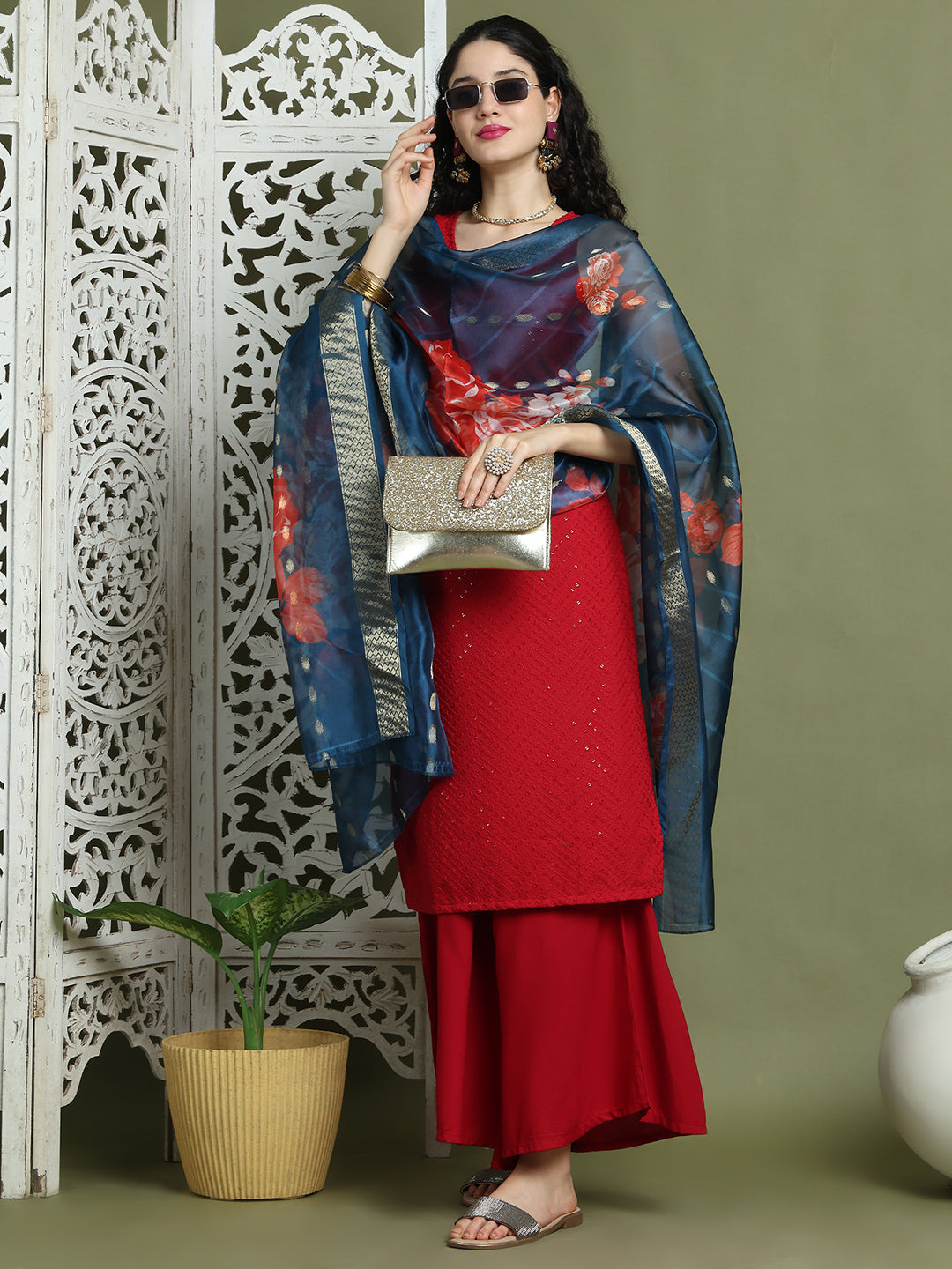 Embroidered Rayon Kurta Palazzos With dupatta ( JOKPL 2137M D66Pe 1579 Maroon )