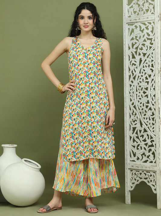 Foil Printed Sleeveless Kurta With Palazzos for Women ( JOKPL 2137Mul 1576 Ivory )