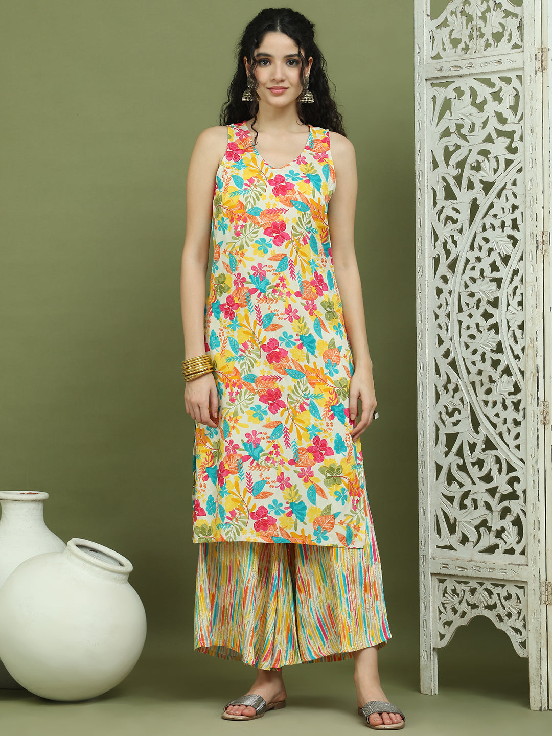 Foil Printed Sleeveless Kurta for Women ( JOK 1576 White )