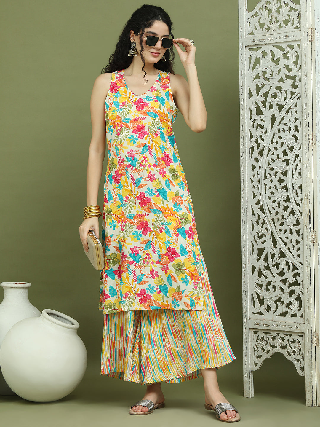 Foil Printed Sleeveless Kurta for Women ( JOK 1576 White )