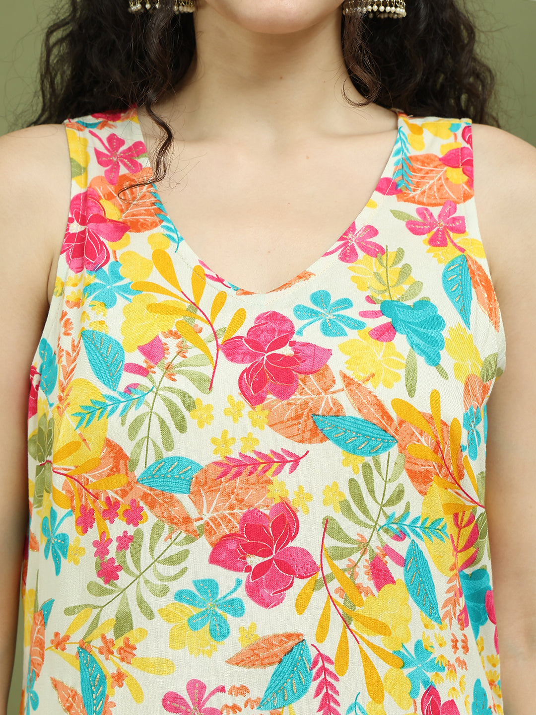 Foil Printed Sleeveless Kurta With Palazzos for Women ( JOKPL 2137Mul 1576 White )