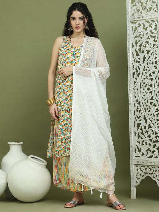 Foil Printed Rayon Kurta Palazzos & Dupatta for Women ( JOKPL 2137Mul D31W 1576 Ivory )
