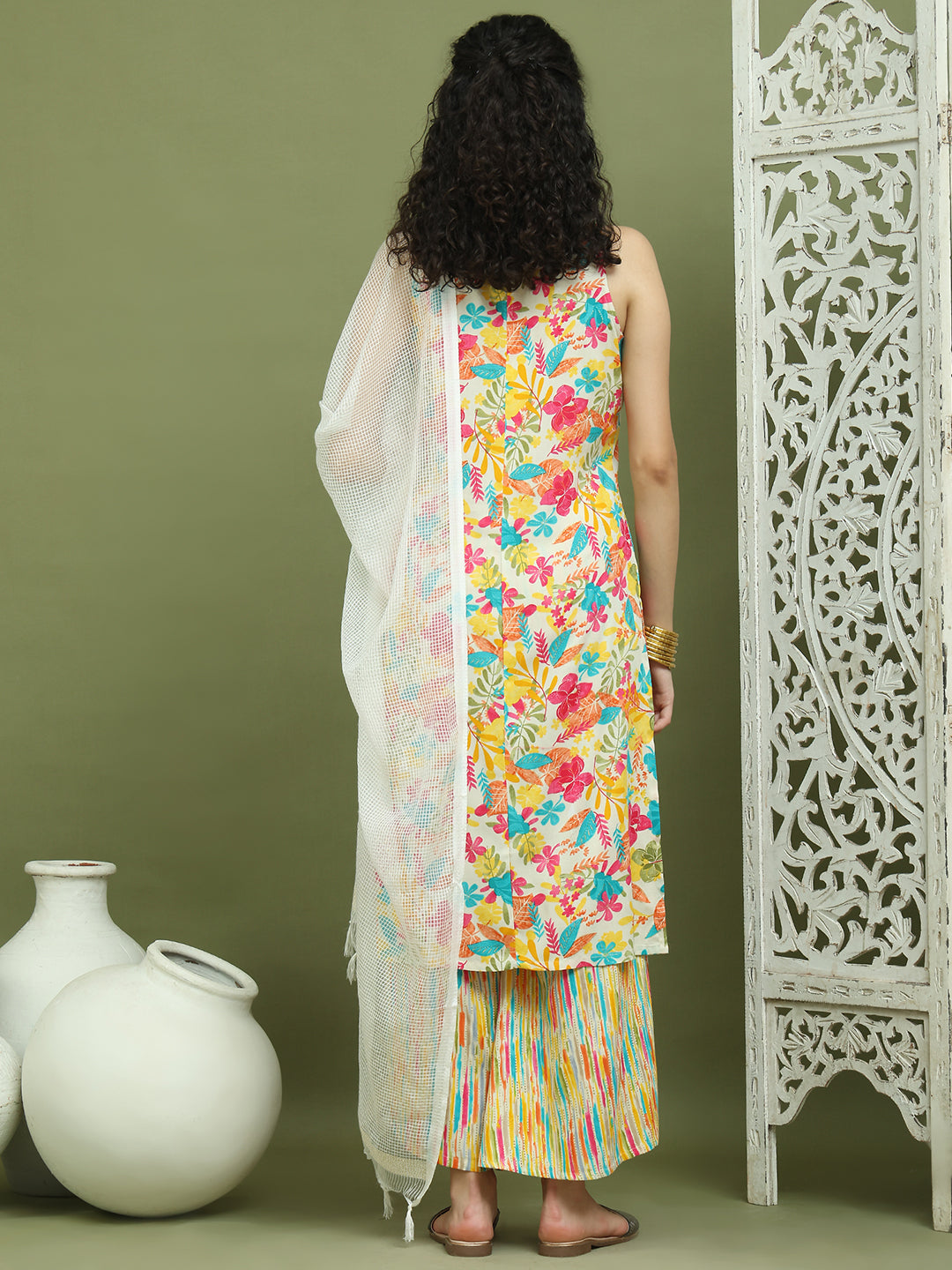 Foil Printed Rayon Kurta Palazzos & Dupatta for Women ( JOKPL 2137Mul D31W 1576 White )