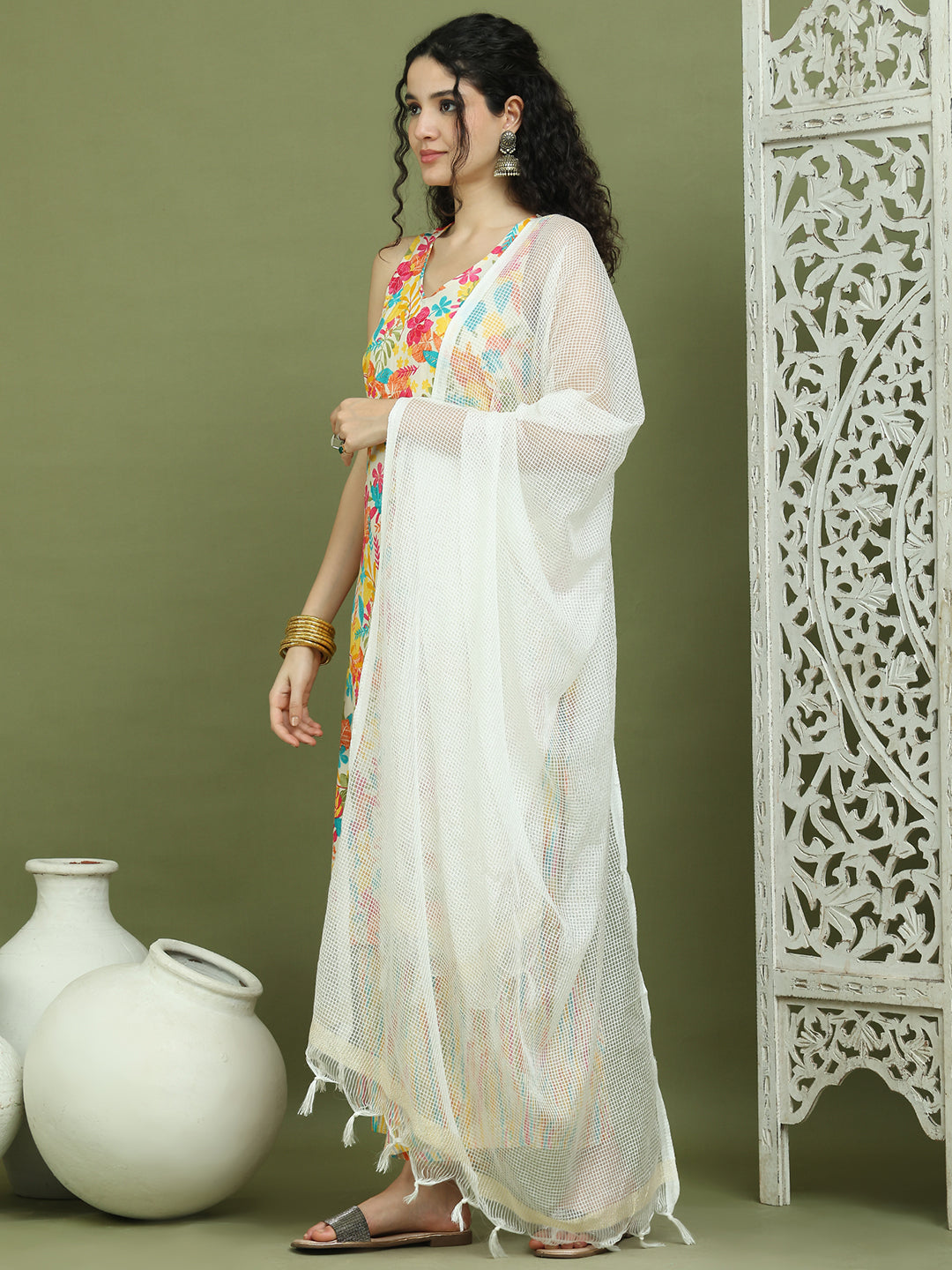 Foil Printed Rayon Kurta Palazzos & Dupatta for Women ( JOKPL 2137Mul D31W 1576 White )