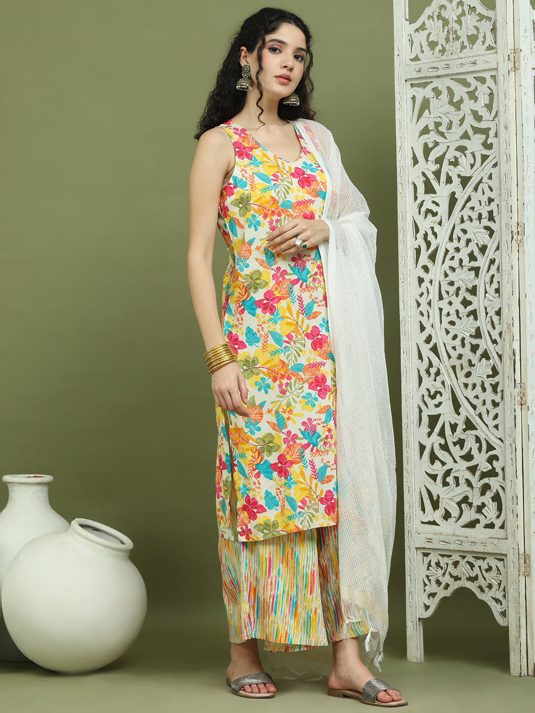 Foil Printed Rayon Kurta Palazzos & Dupatta for Women ( JOKPL 2137Mul D31W 1576 White )
