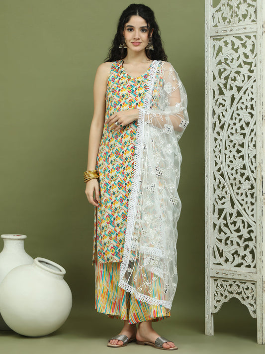 Foil Printed Rayon Kurta Palazzos & Dupatta for Women ( JOKPL 2137Mul D67W 1576 Ivory )