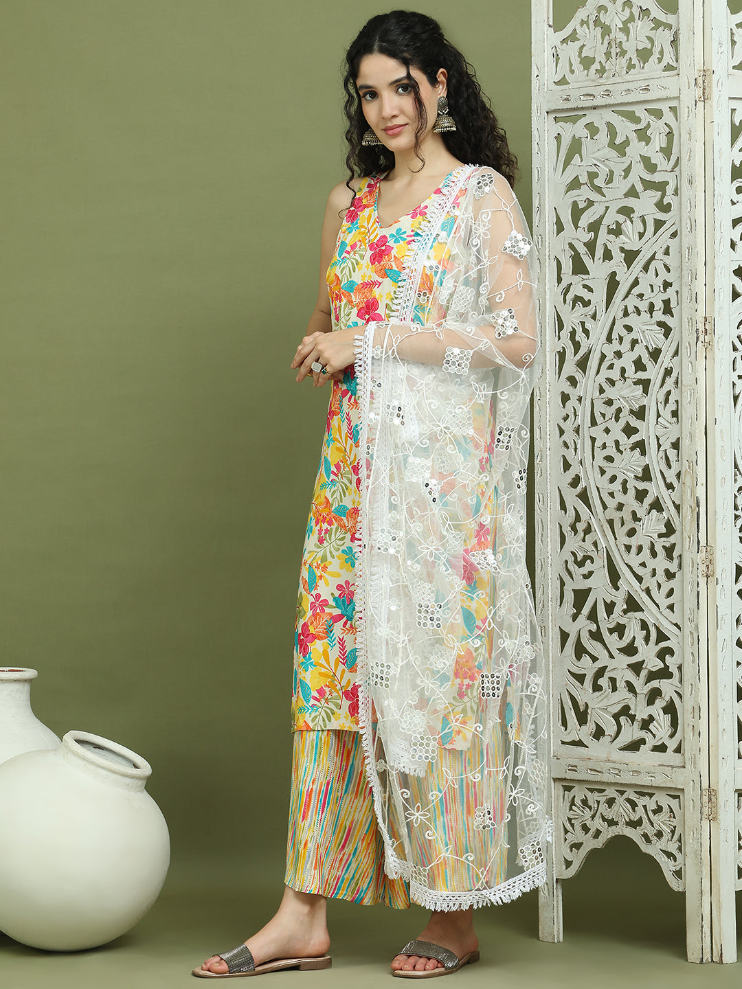 Foil Printed Rayon Kurta Palazzos & Dupatta for Women ( JOKPL 2137Mul D67W 1576 White )