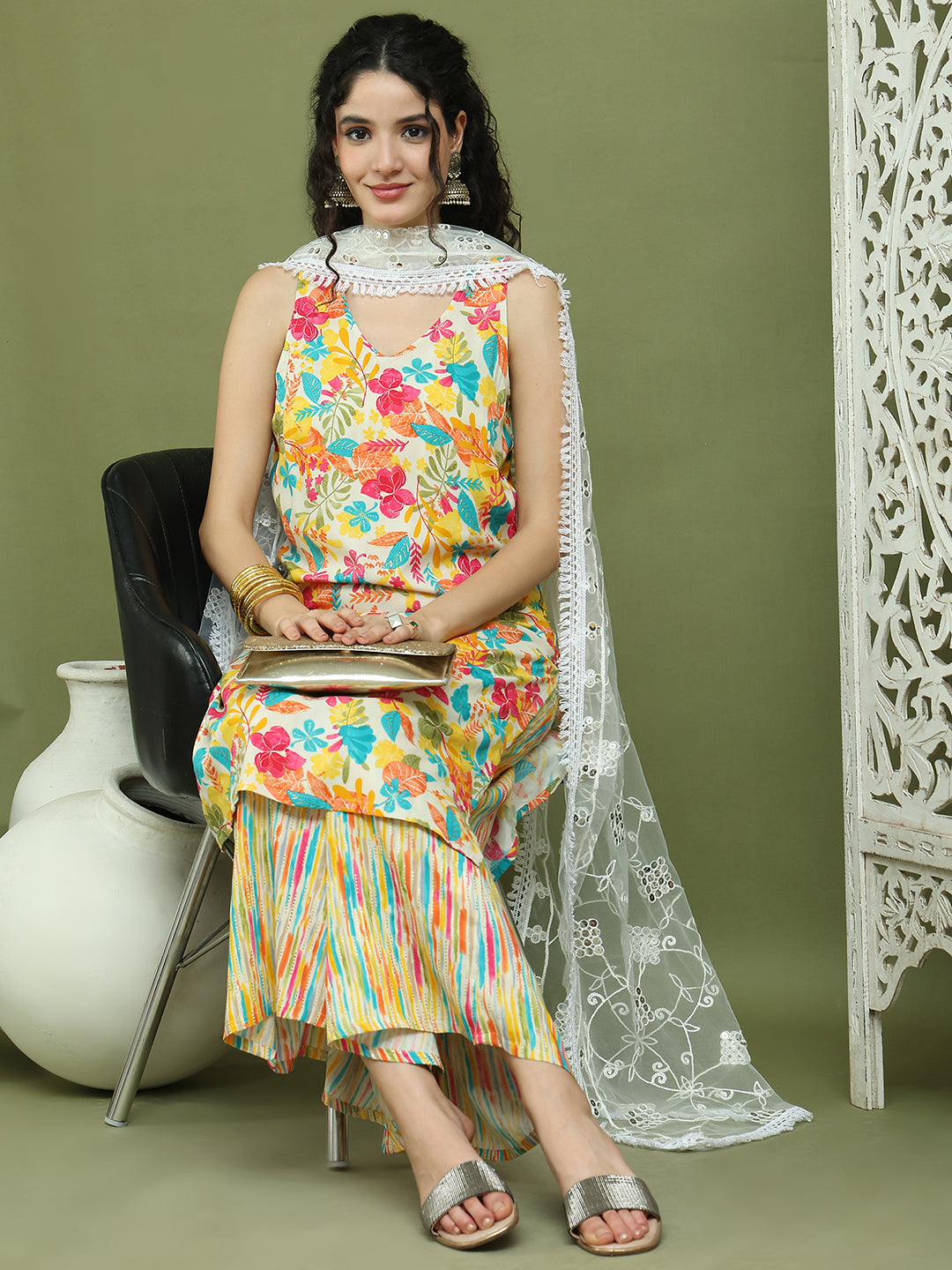 Foil Printed Rayon Kurta Palazzos & Dupatta for Women ( JOKPL 2137Mul D67W 1576 White )