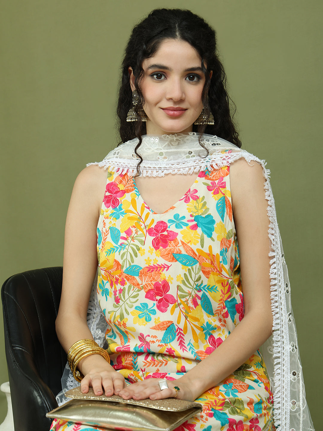 Foil Printed Rayon Kurta Palazzos & Dupatta for Women ( JOKPL 2137Mul D67W 1576 White )