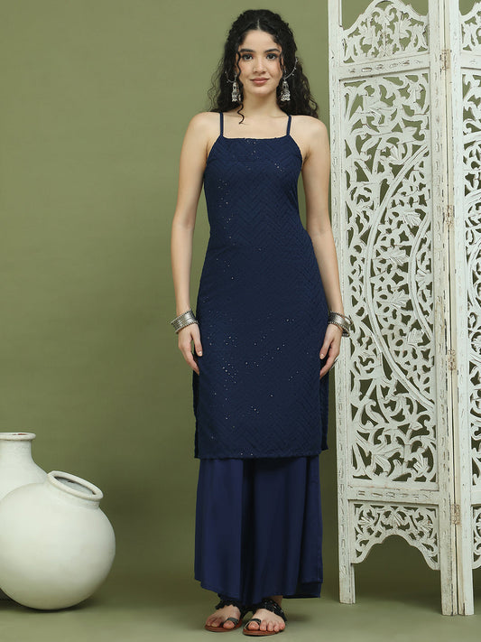 Chic Backless Designer Kurta with Palazzo ( JOKPL 2137N 1577 Navy )