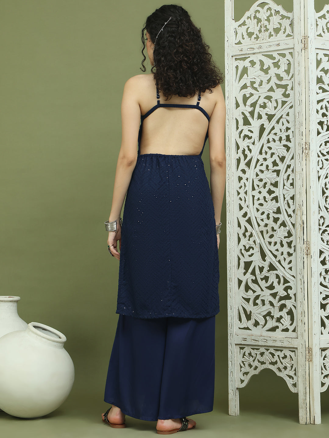Chic Backless Designer Kurta with Palazzo ( JOKPL 2137N 1577 Navy )