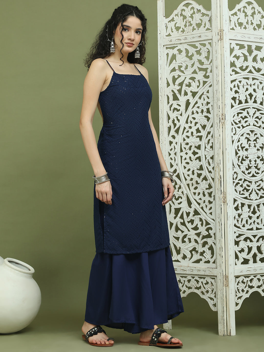 Chic Backless Designer Kurta with Palazzo ( JOKPL 2137N 1577 Navy )