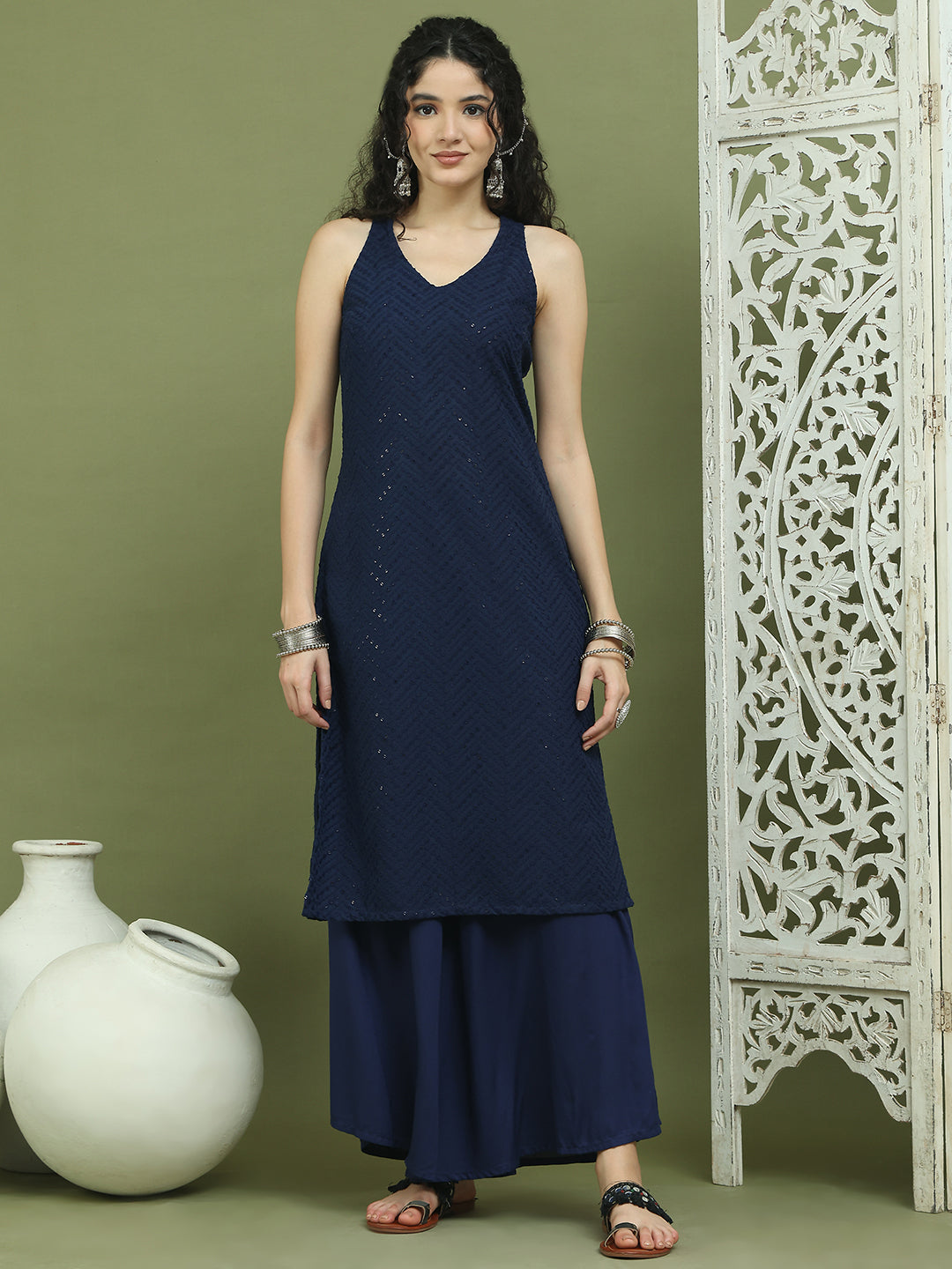 Embroidered Rayon Kurta With Palazzos ( JOKPL 2137N 1579 Navy )