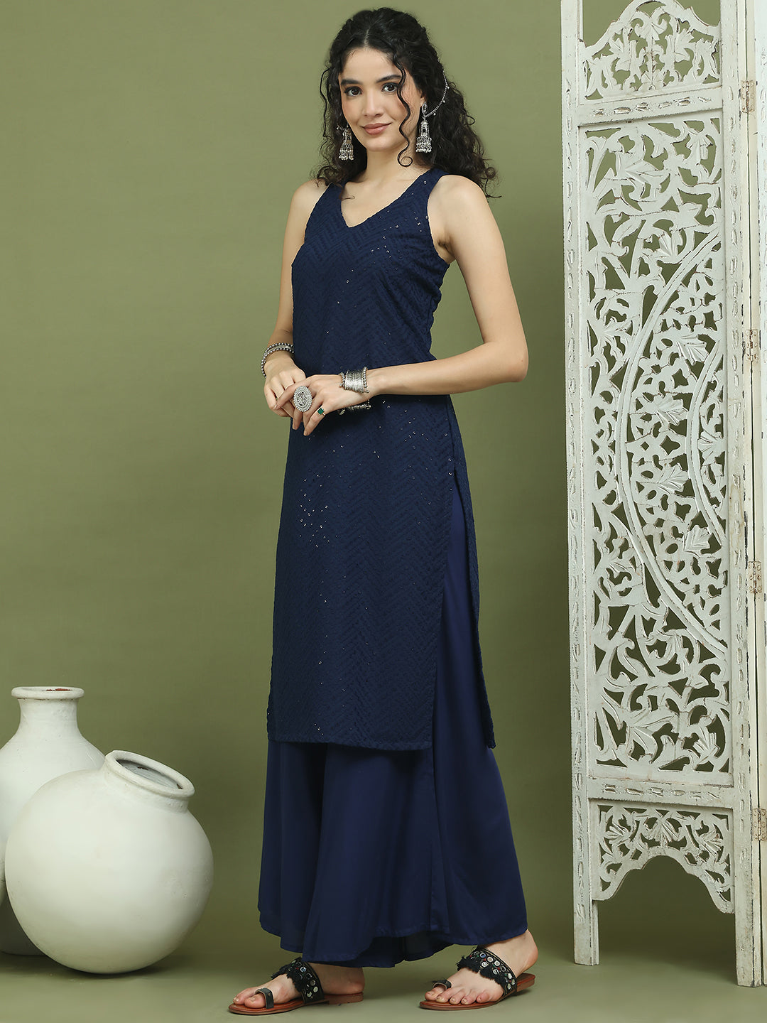 Embroidered Rayon Kurta With Palazzos ( JOKPL 2137N 1579 Navy )