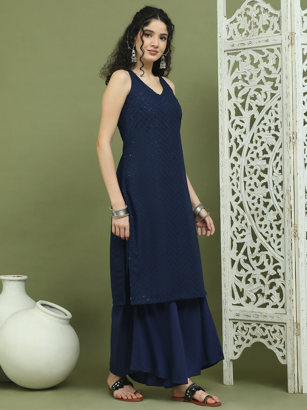 Embroidered Rayon Kurta With Palazzos ( JOKPL 2137N 1579 Navy )