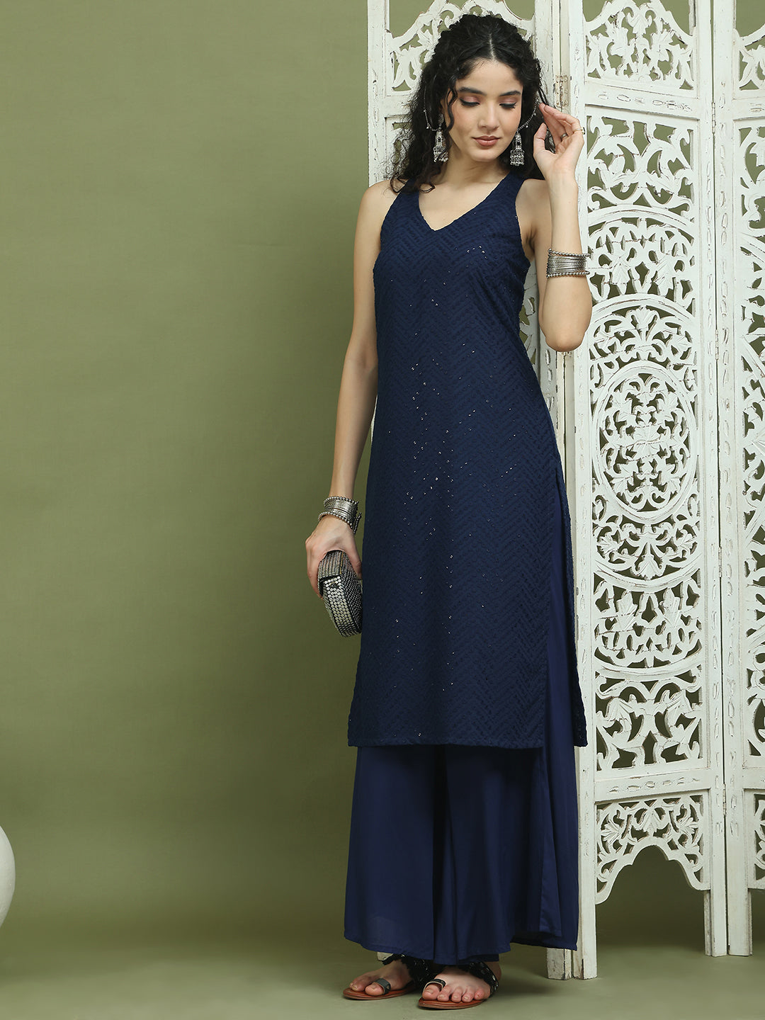 Embroidered Rayon Kurta With Palazzos ( JOKPL 2137N 1579 Navy )