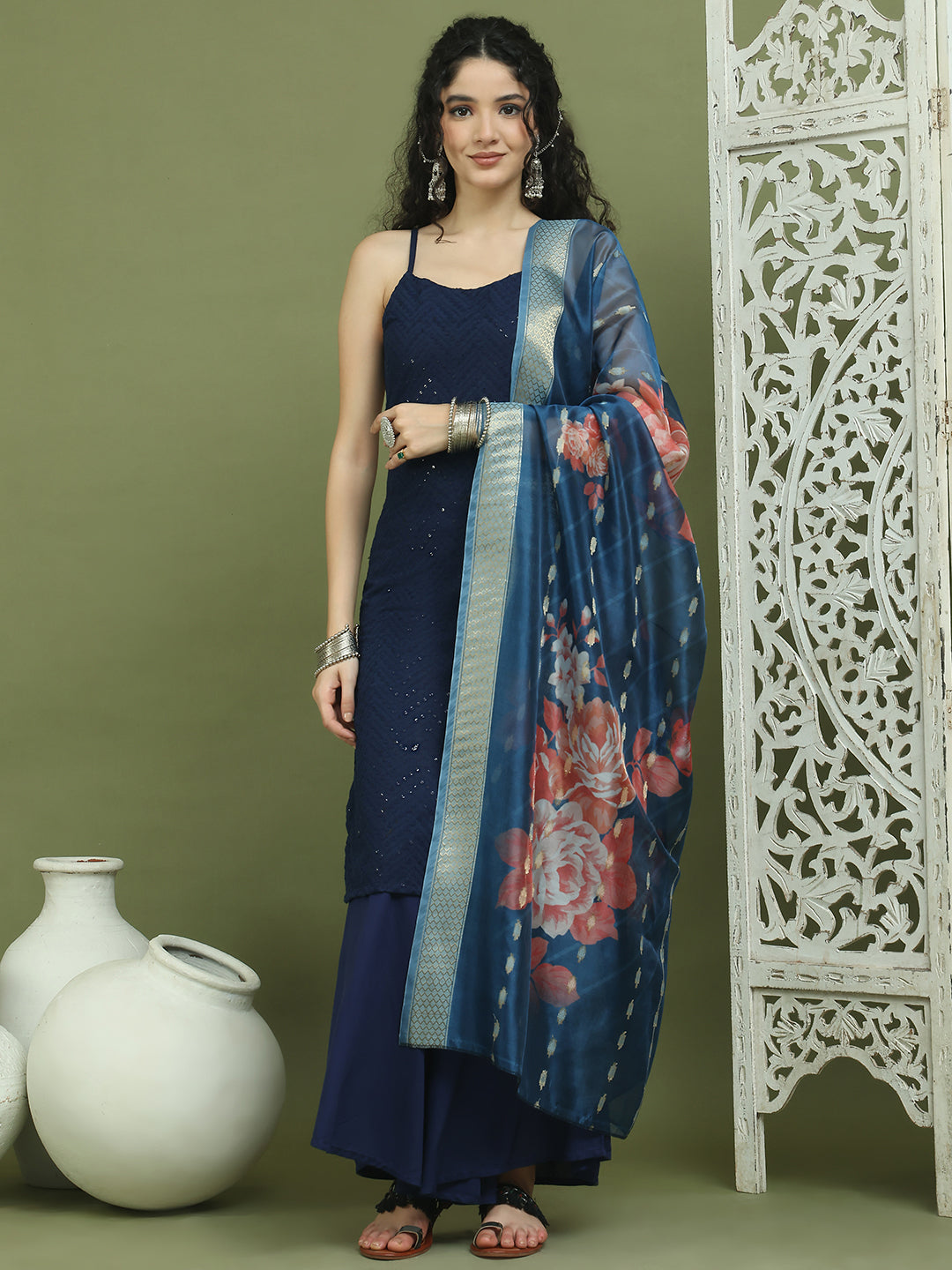 Backless Designer Kurta Palazzo Set with Floral Dupatta ( JOKPL 2137N D66N 1577 Navy )