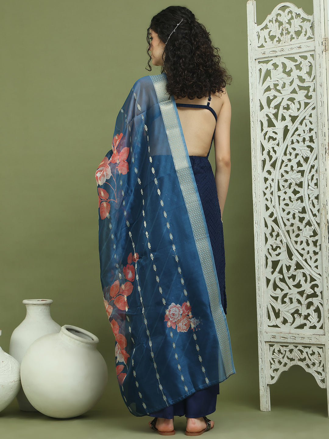 Backless Designer Kurta Palazzo Set with Floral Dupatta ( JOKPL 2137N D66N 1577 Navy )