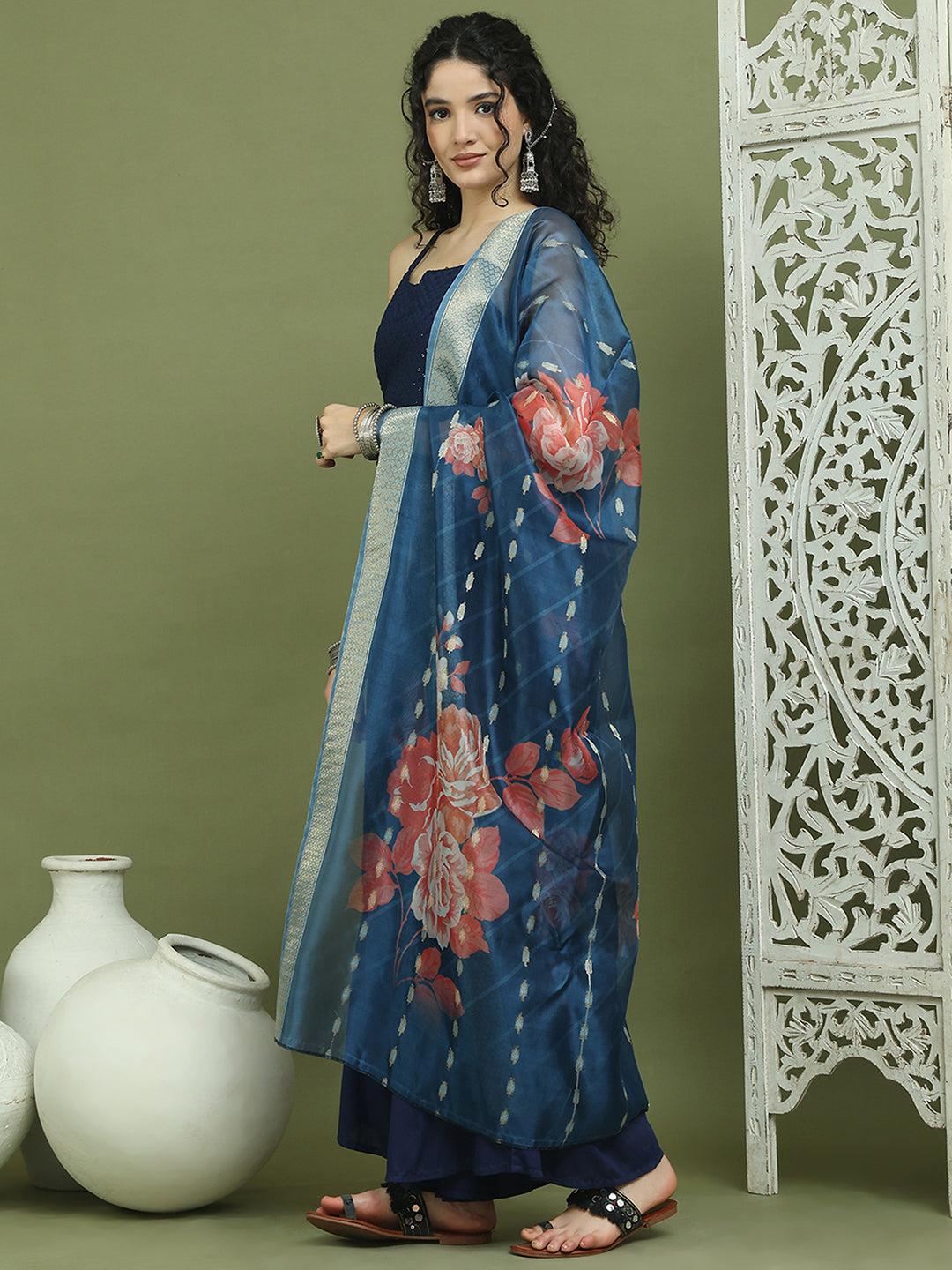 Backless Designer Kurta Palazzo Set with Floral Dupatta ( JOKPL 2137N D66N 1577 Navy )