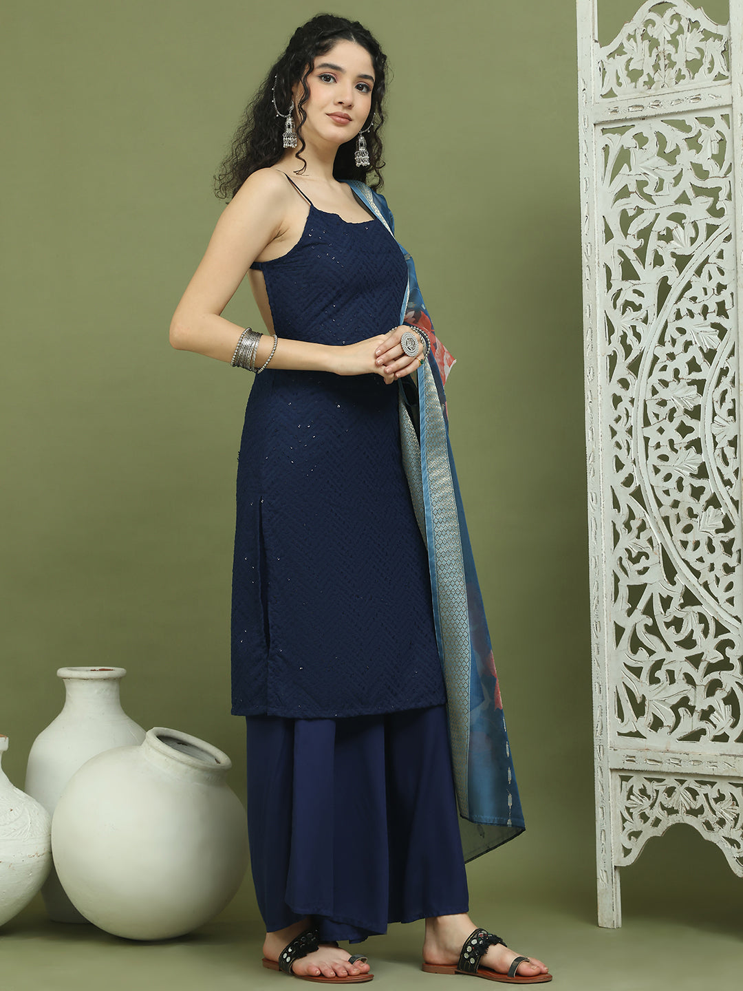 Backless Designer Kurta Palazzo Set with Floral Dupatta ( JOKPL 2137N D66N 1577 Navy )
