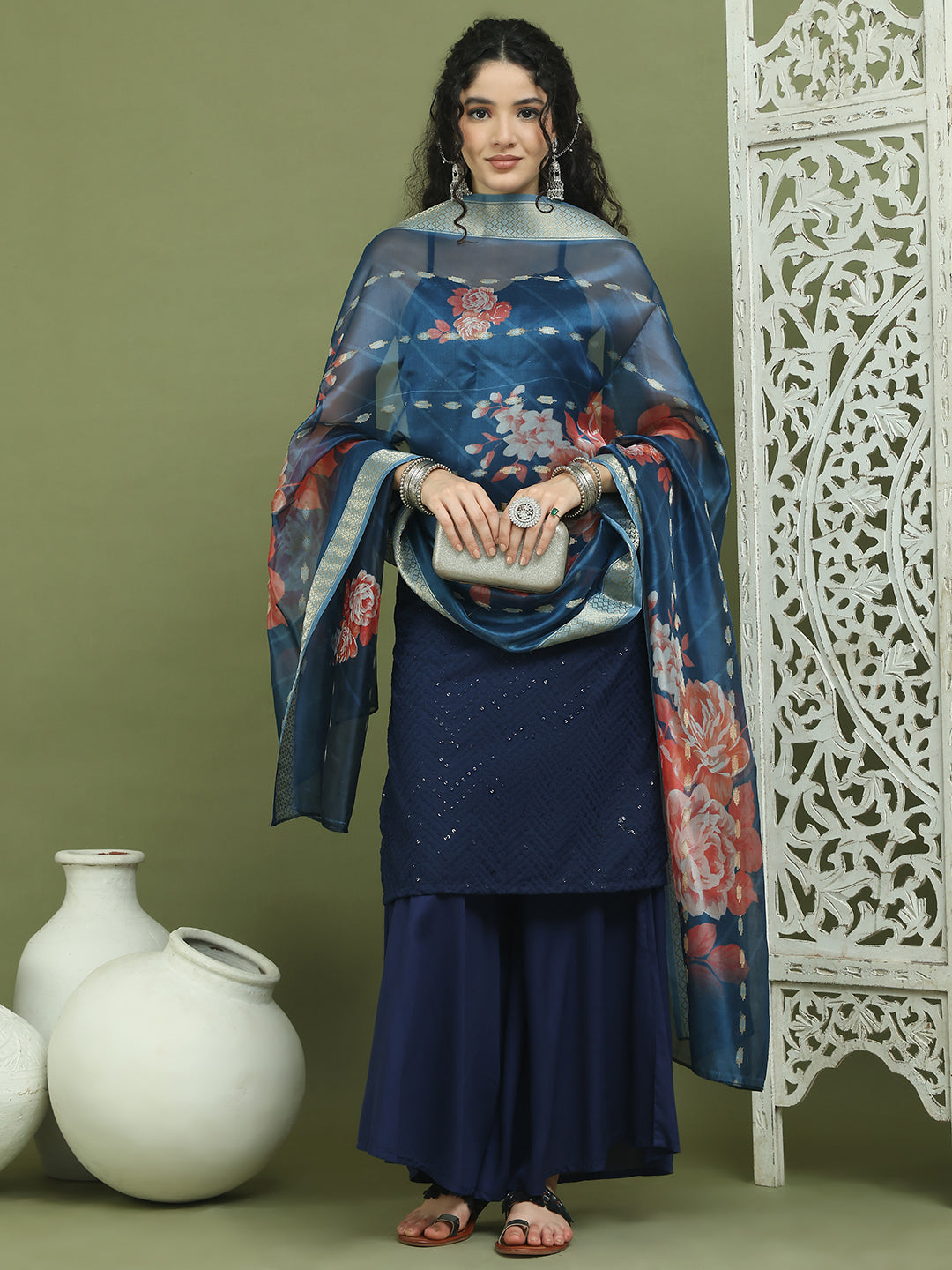 Backless Designer Kurta Palazzo Set with Floral Dupatta ( JOKPL 2137N D66N 1577 Navy )