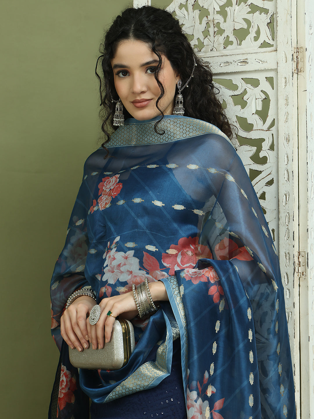 Backless Designer Kurta Palazzo Set with Floral Dupatta ( JOKPL 2137N D66N 1577 Navy )
