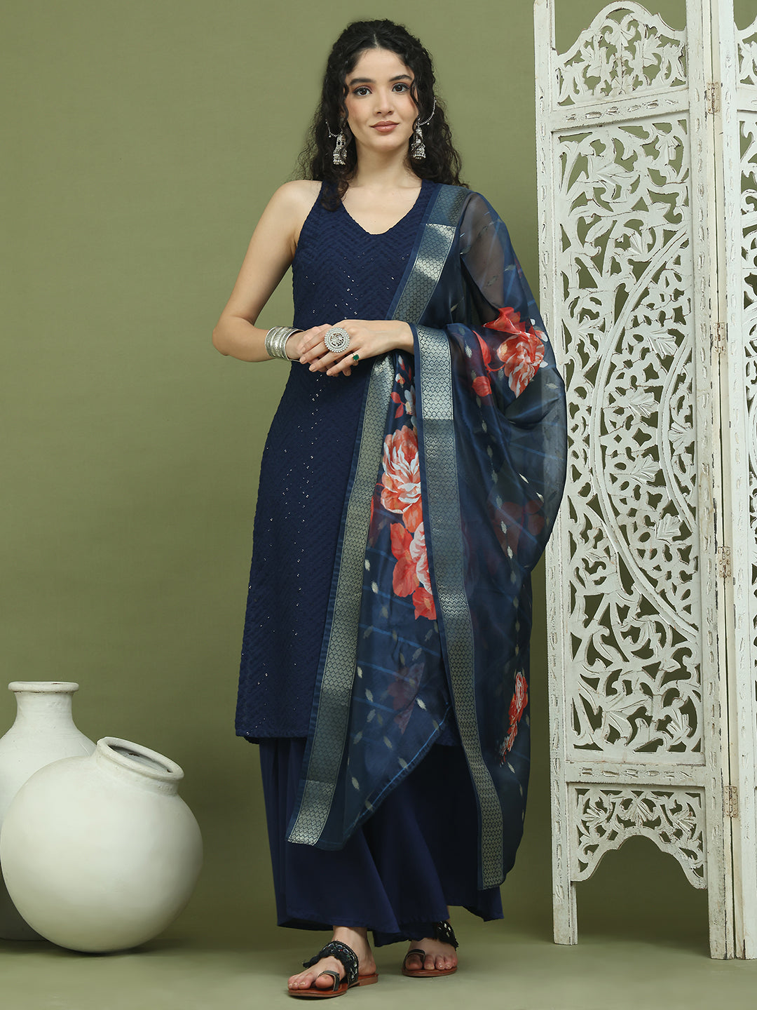 Embroidered Rayon Kurta Palazzos With dupatta ( JOKPL 2137N D66N 1579 Navy )