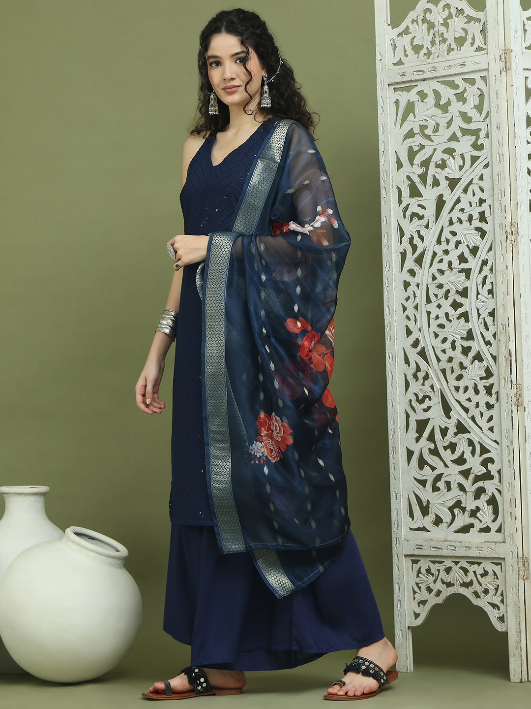 Embroidered Rayon Kurta Palazzos With dupatta ( JOKPL 2137N D66N 1579 Navy )