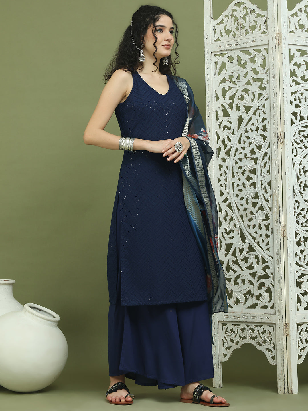 Embroidered Rayon Kurta Palazzos With dupatta ( JOKPL 2137N D66N 1579 Navy )