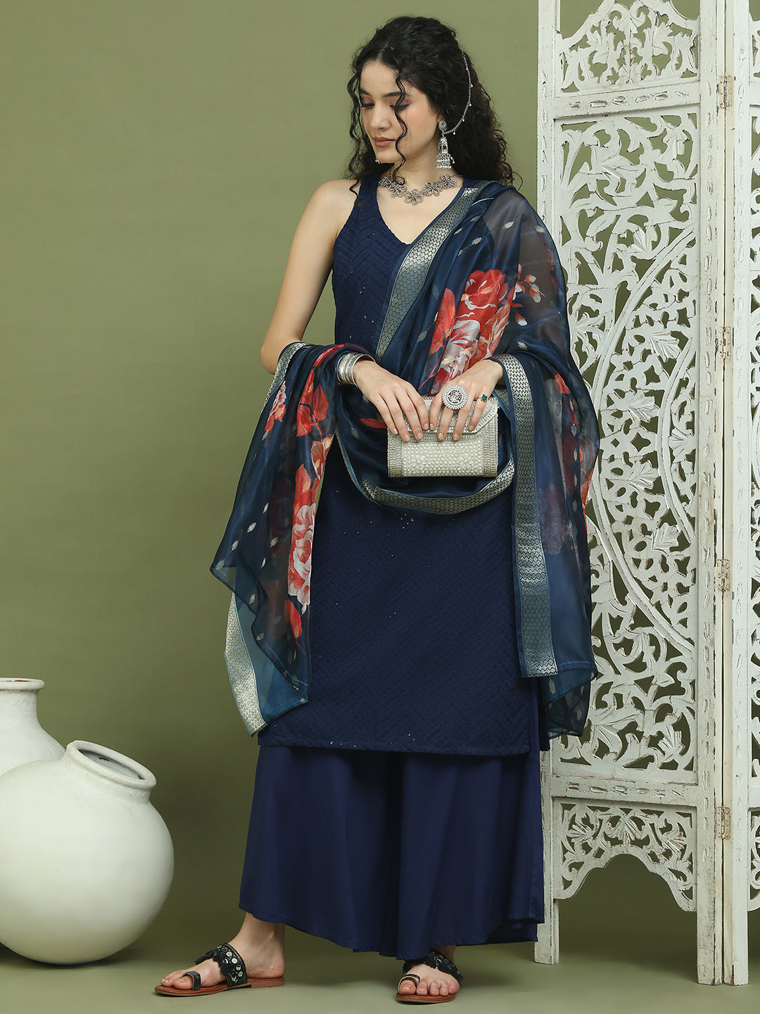 Embroidered Rayon Kurta Palazzos With dupatta ( JOKPL 2137N D66N 1579 Navy )
