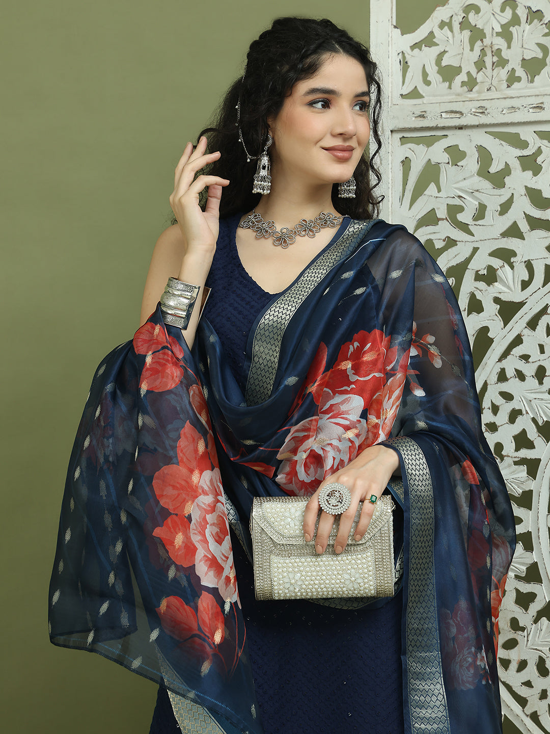 Embroidered Rayon Kurta Palazzos With dupatta ( JOKPL 2137N D66N 1579 Navy )