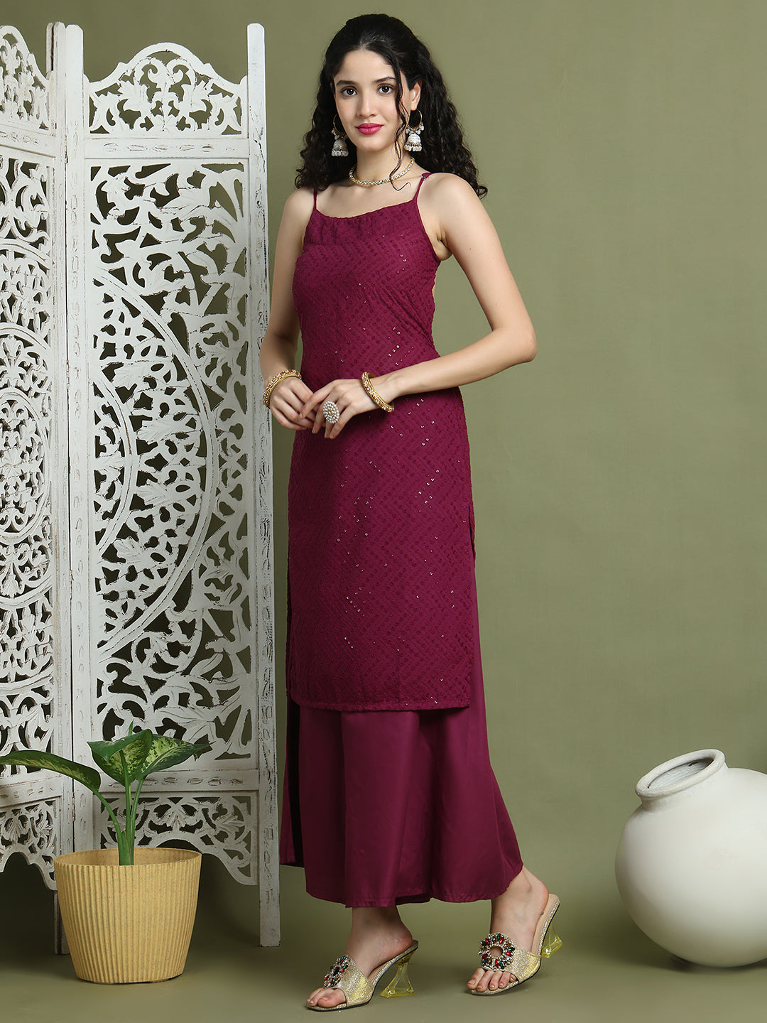 Chic Backless Designer Kurta with Palazzo ( JOKPL 2137PR 1577 Purple )