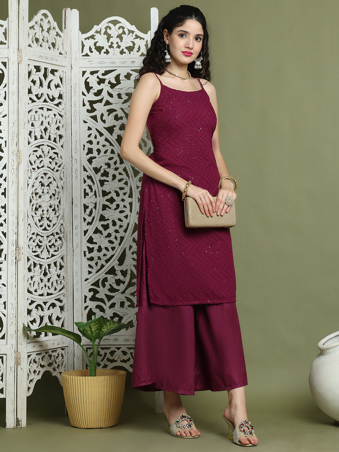 Chic Backless Designer Kurta with Palazzo ( JOKPL 2137PR 1577 Purple )