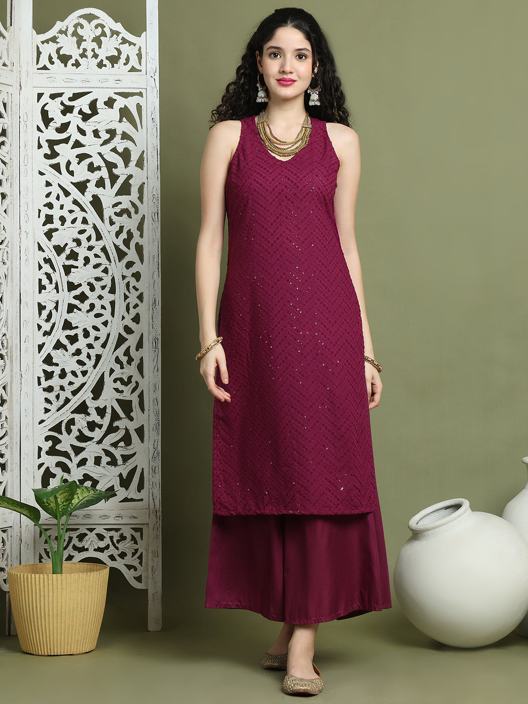 Embroidered Rayon Kurta With Palazzos ( JOKPL 2137P 1579 Purple )