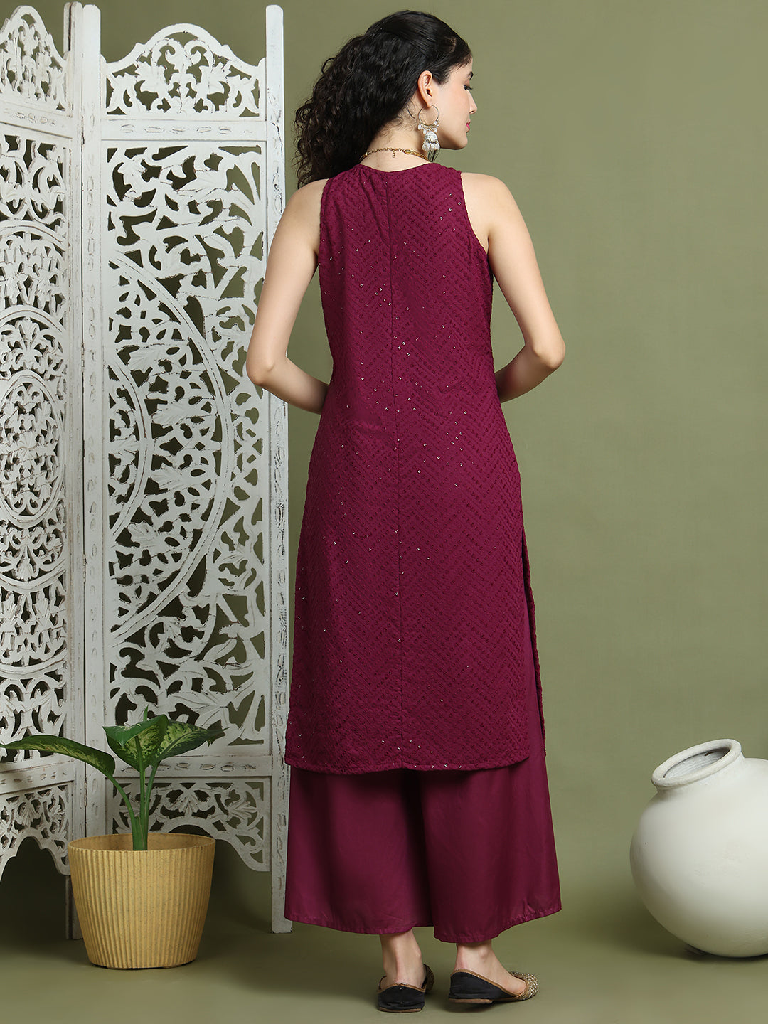 Embroidered Rayon Kurta With Palazzos ( JOKPL 2137P 1579 Purple )