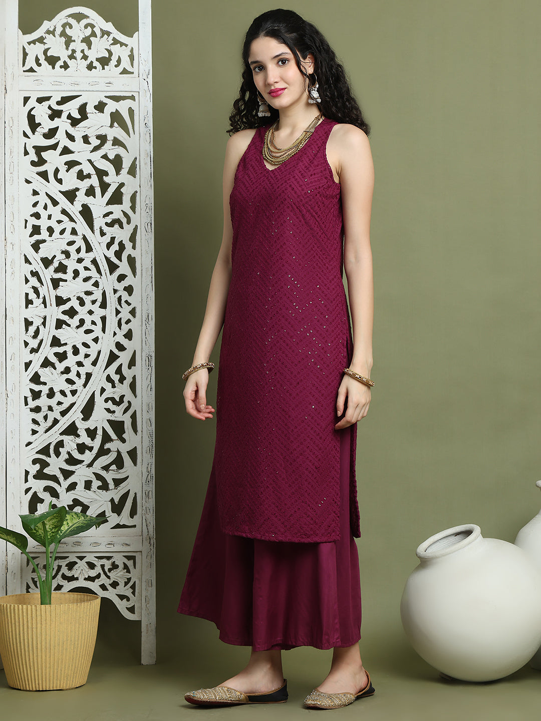 Embroidered Rayon Kurta With Palazzos ( JOKPL 2137P 1579 Purple )
