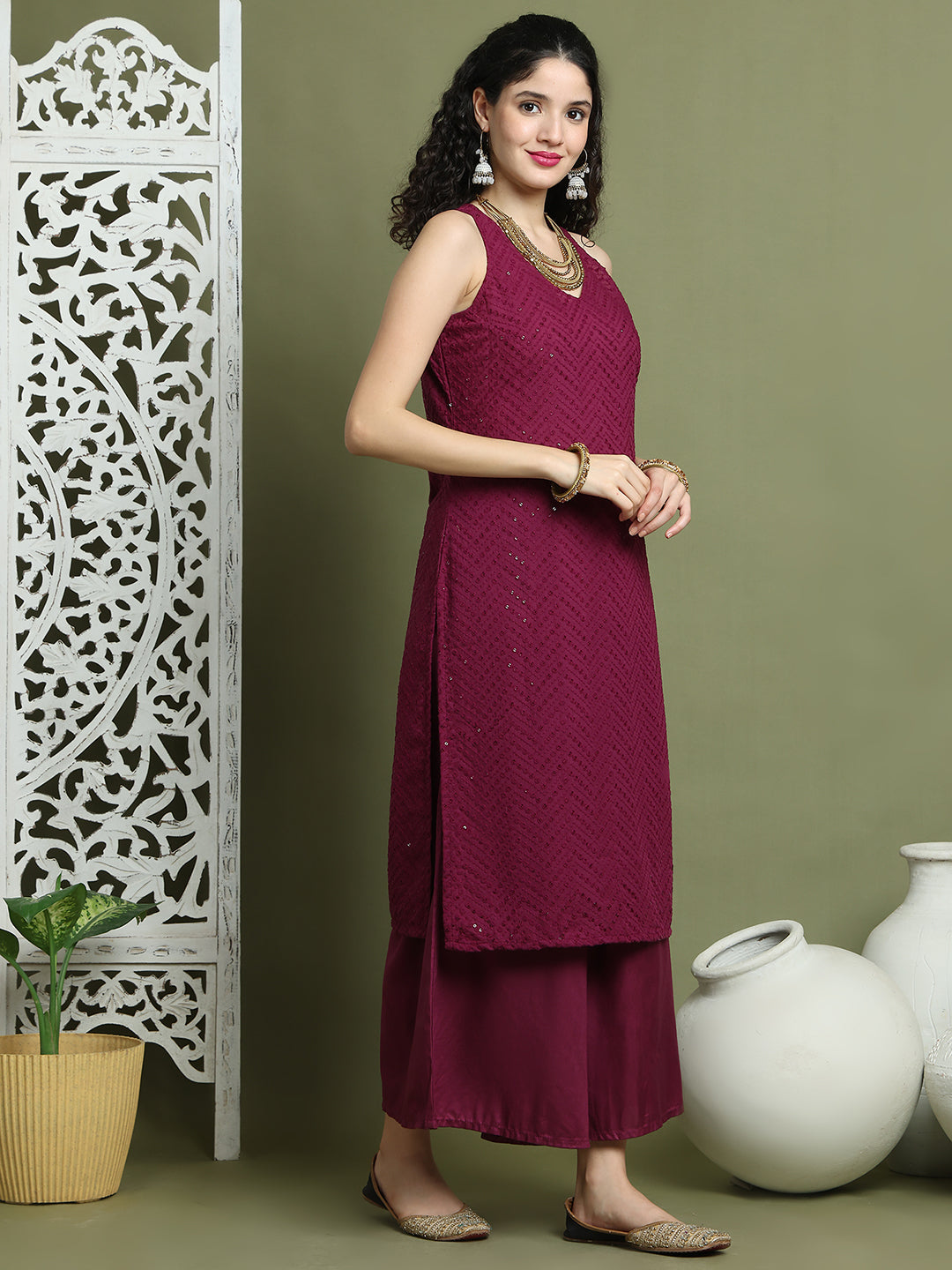 Embroidered Rayon Kurta With Palazzos ( JOKPL 2137P 1579 Purple )