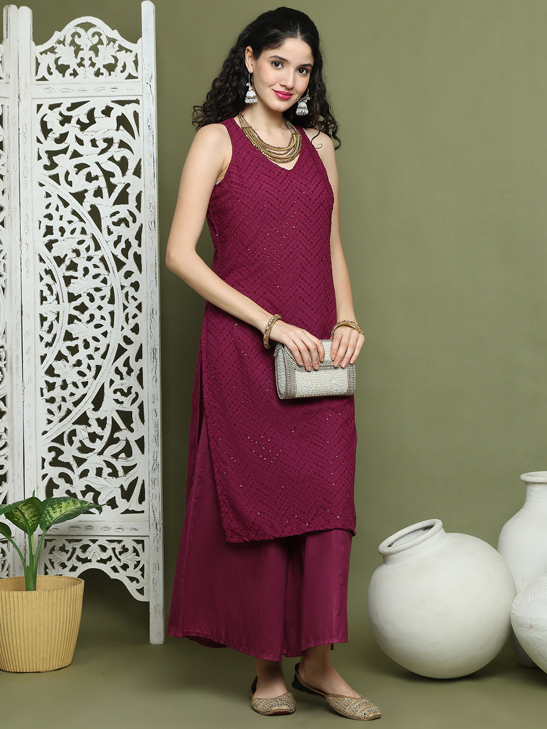 Embroidered Rayon Kurta With Palazzos ( JOKPL 2137P 1579 Purple )