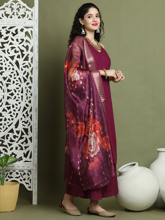 Embroidered Rayon Kurta Palazzos With dupatta ( JOKPL 2137P D66P 1579 Purple )