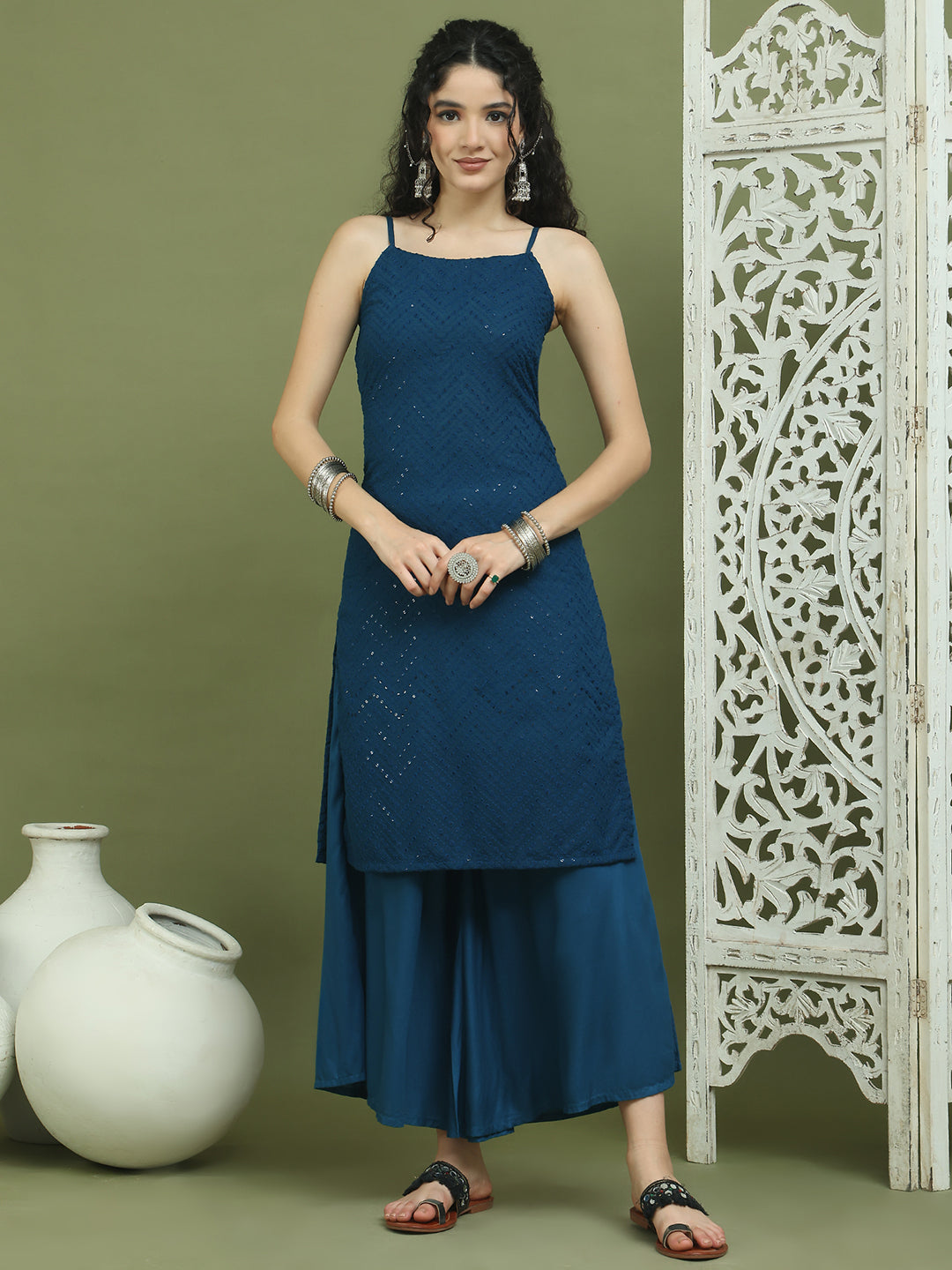 Chic Backless Designer Kurta with Palazzo ( JOKPL 2137Pe 1577 Peacock )