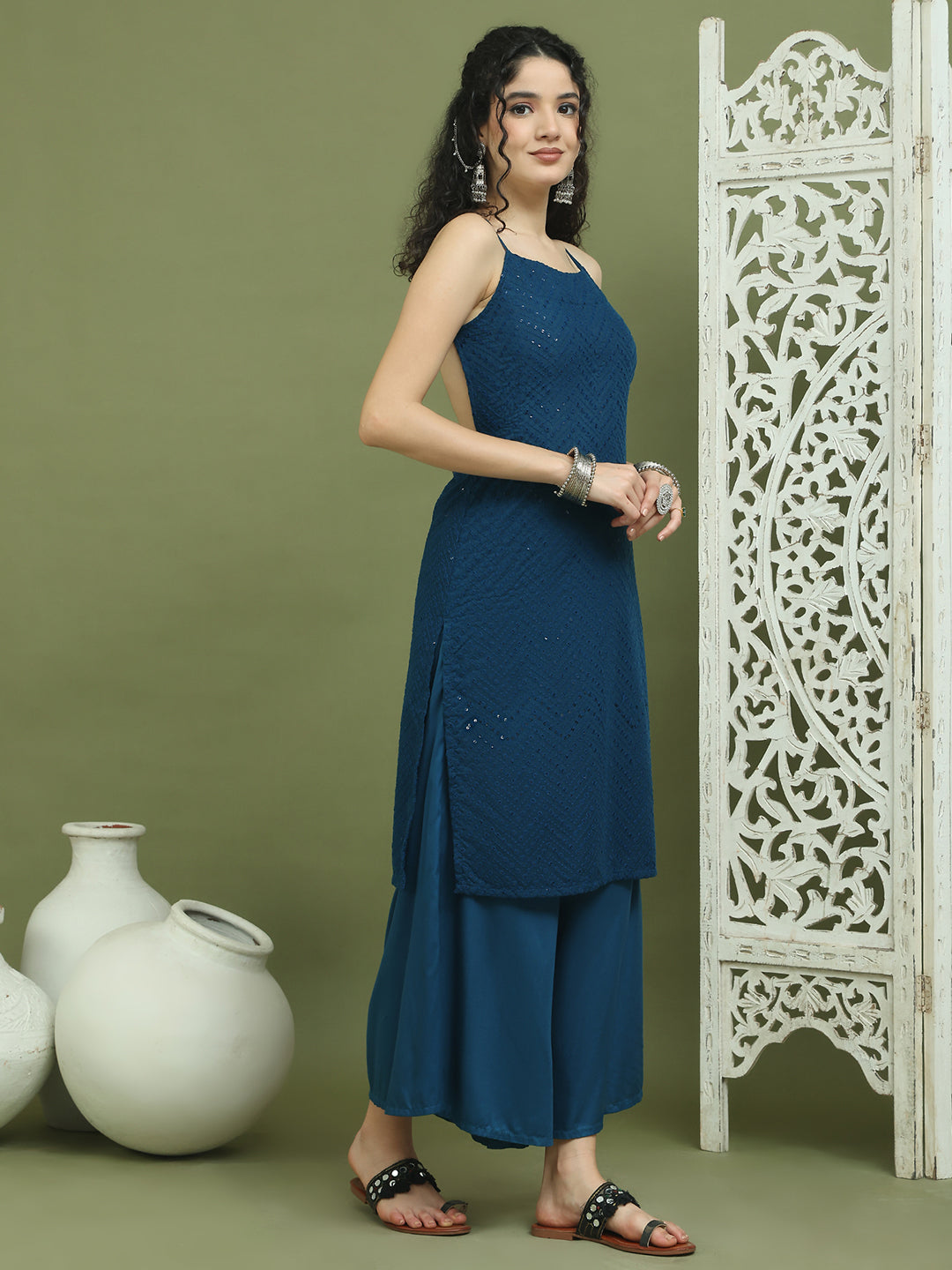 Chic Backless Designer Kurta with Palazzo ( JOKPL 2137Pe 1577 Peacock )