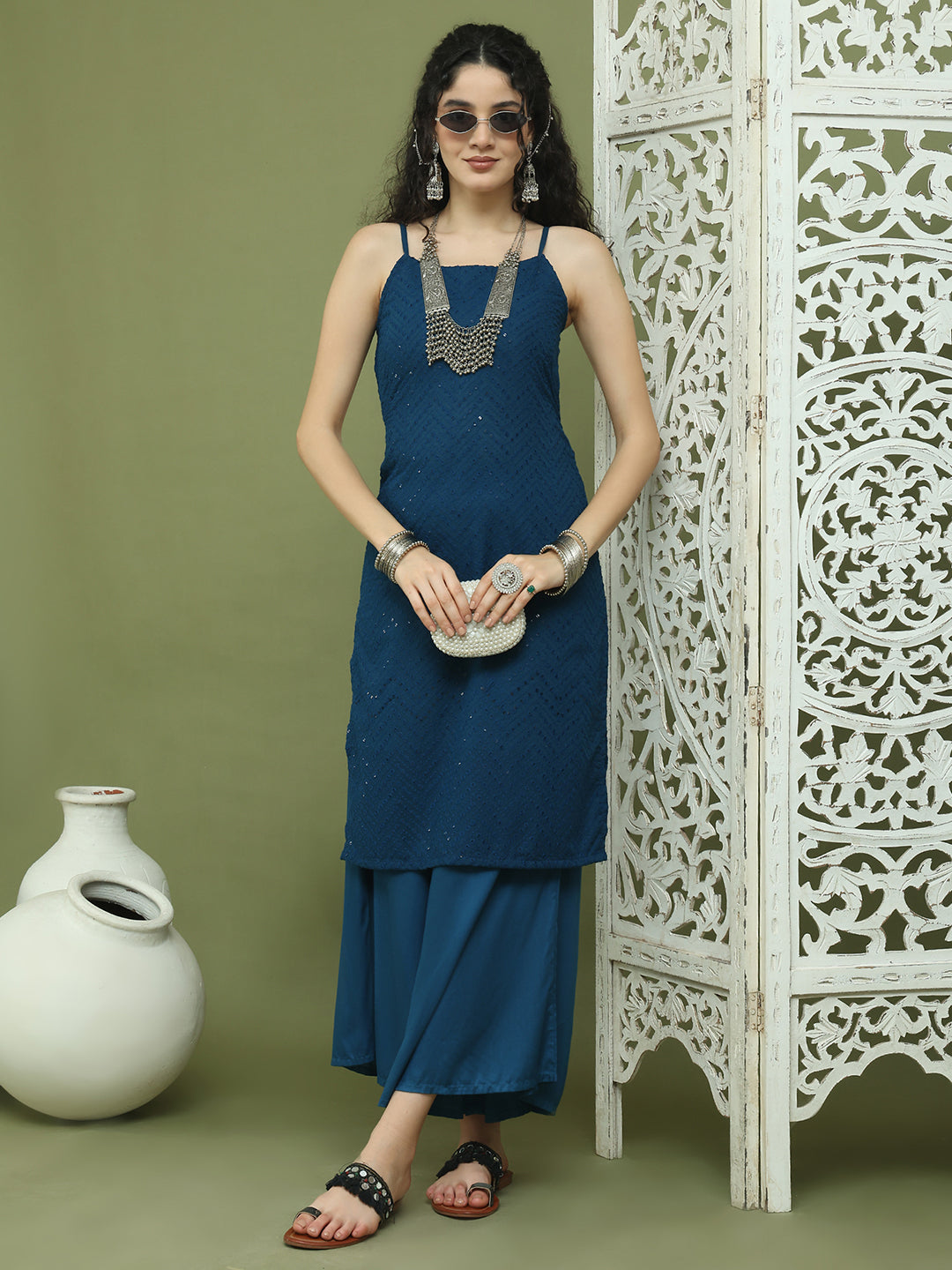 Chic Backless Designer Kurta with Palazzo ( JOKPL 2137Pe 1577 Peacock )