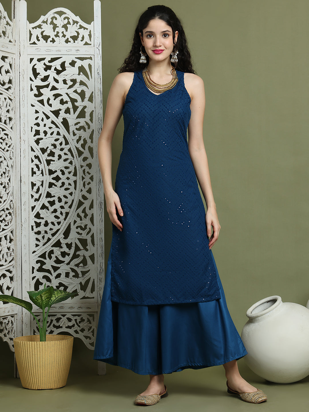 Embroidered Rayon Kurta With Palazzos ( JOKPL 2137Pe 1579 Peacock )