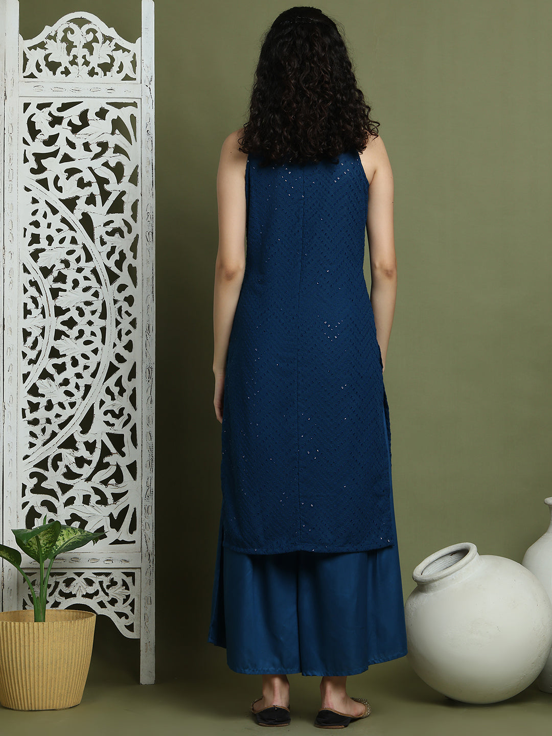 Embroidered Rayon Kurta With Palazzos ( JOKPL 2137Pe 1579 Peacock )